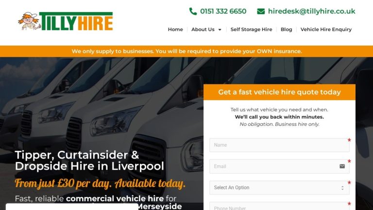 Tilly Hire commercial vehicle hire website, Liverpool